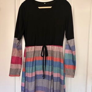 Women's Black & Multicolor Striped Tie-Waist Dress